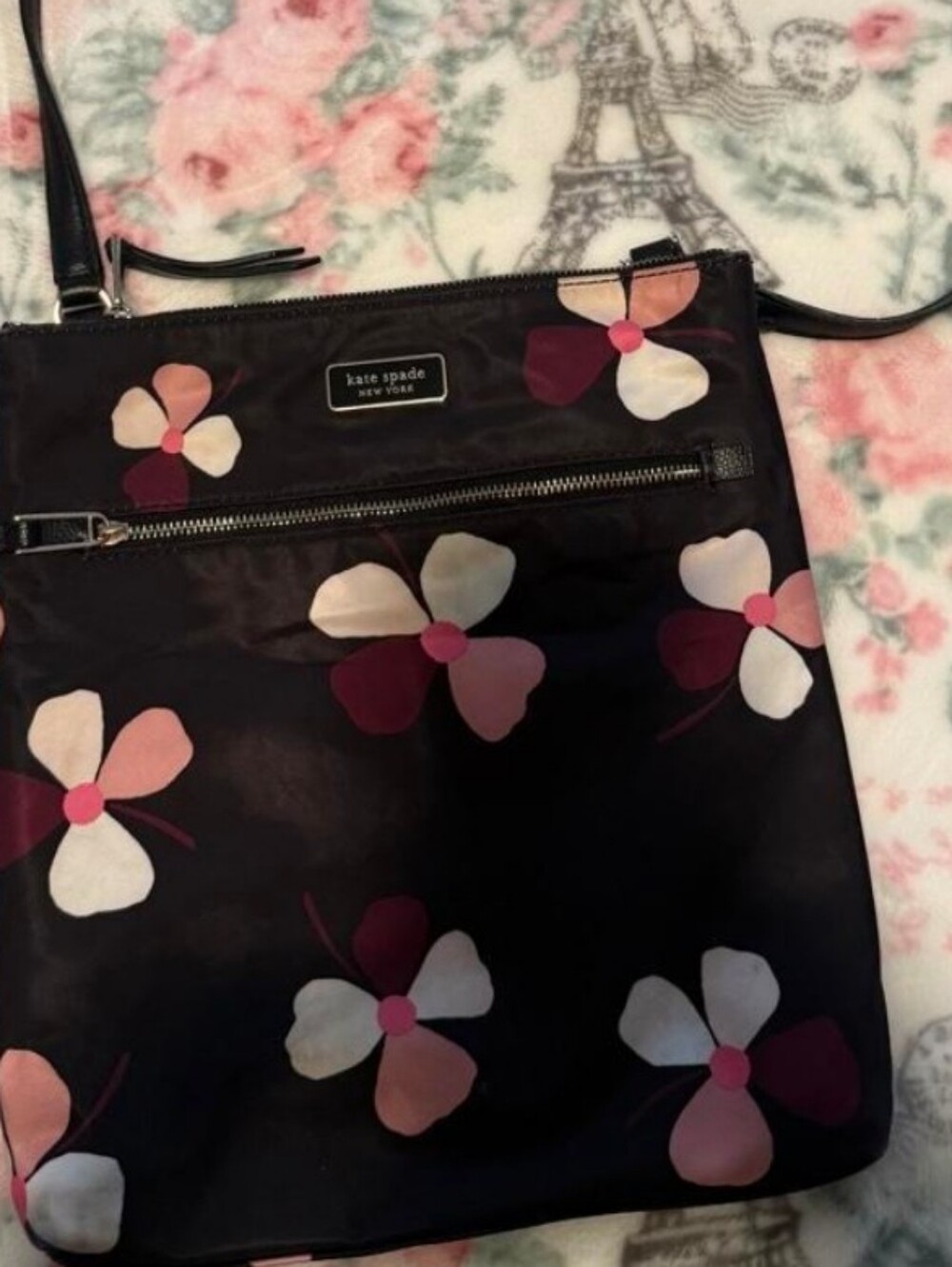 Kate Spade playful Black Floral Crossbody with Pink & White Blooms